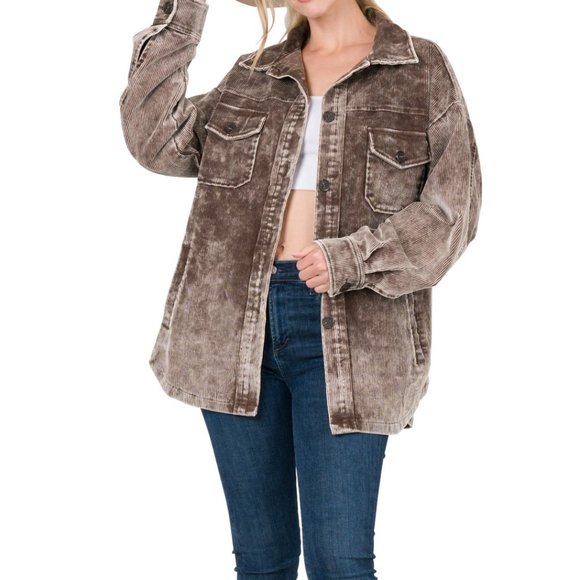 PREMIUM VINTAGE WASHED OVERSIZED CORDUROY SHACKET BROWN - Picture 2 of 3